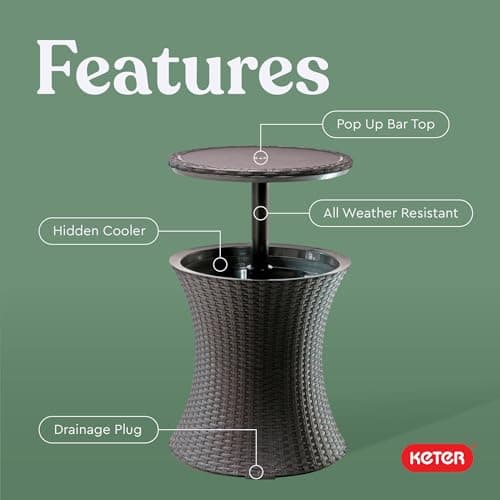 Keter Pacific Cool Bar Outdoor Patio Furniture and Hot Tub Side Table with 7.5 Gallon Beer and Wine Cooler, Espresso Brown