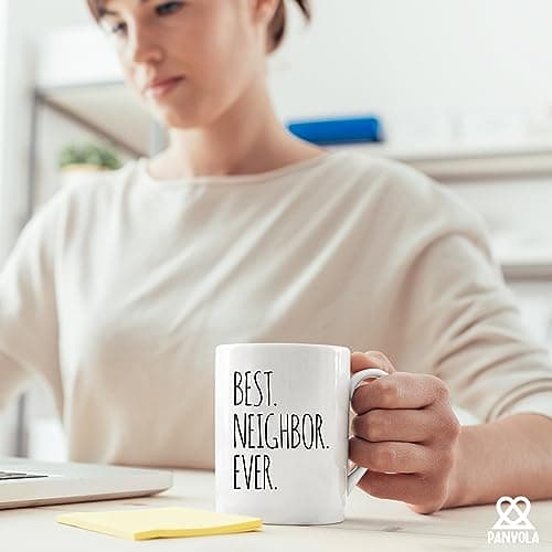 Panvola Best Neighbor Ever Farewell Gifts for Neighbors Moving Away Housewarming Goodbye Welcome Appreciation New Neighborhood Novelty Drinkware Ceramic Mug (11 oz, White)