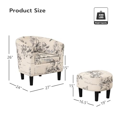 INZOY Modern Accent Chair with Ottoman for Small Space, Club Chair with Ottoman Set, Comfy Fabric Barrel Reading Chairs for Living Room Bedroom, Round Reading Chair with Foot Rest, Flower Pattern