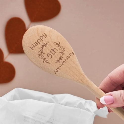 5 Year Anniversary Wood Gifts for Her Him - Happy 5th Wedding Anniversary Spoon Wooden Gifts for Wife Husband Men Couples Marriage, Handmade Engraved Spoon 12×2.2 in