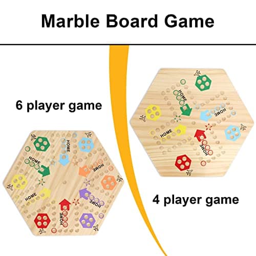 Original Marble Game Wahoo Board Game Double Sided Painted Wooden Fast Track Board Game for 6 and 4 Players 6 Colors 24 Marbles 6 Dice for Family Friends