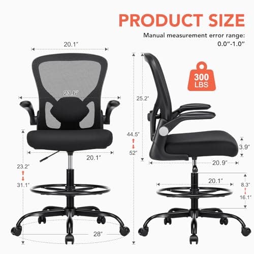 Drafting Chair, Tall Office Chair for Standing Desk, Mesh High Desk Chair with Flip-Up Armrests, Ergonomic Office Chair with Lumbar Support, Adjustable Footrest Ring Studio Chair, Black