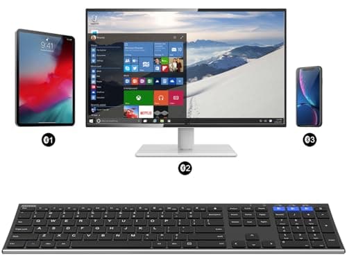 Arteck HB192 Universal Bluetooth Keyboard Multi-Device Stainless Steel Full Size Wireless Keyboard for Windows iOS Android Computer Desktop Laptop Surface Tablet Smartphone Rechargeable Battery