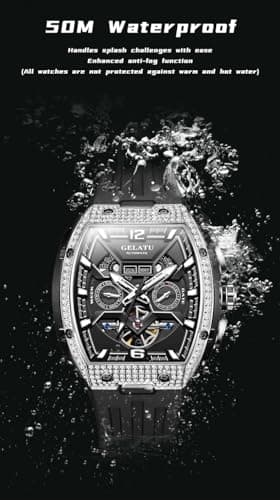 OLEVS GELATU Watch for Men Mechanical Luxury Diamond Watch Skeleton Automatic 50M Waterproof Sapphire Crystal Square Face Multi Calendar Function
