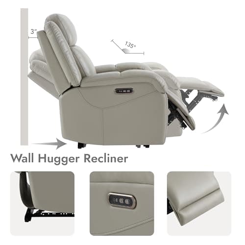 Watson & Whitely Genuine Leather Power Recliner Chairs for Adults, Wall Hugger RV Recliner with Power Headrest & Charging Ports, Electric Recliner Sofa Chair for Living Room, Grey