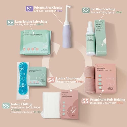 Includes peri bottle, cooling spray, disposable underwear, postpartum pads, hot & cold packs, soothing liners for postpartum Glamommy Postpartum Recovery Essentials Kit, Labor & Delivery Care for Mom B0DSCBNS7L
