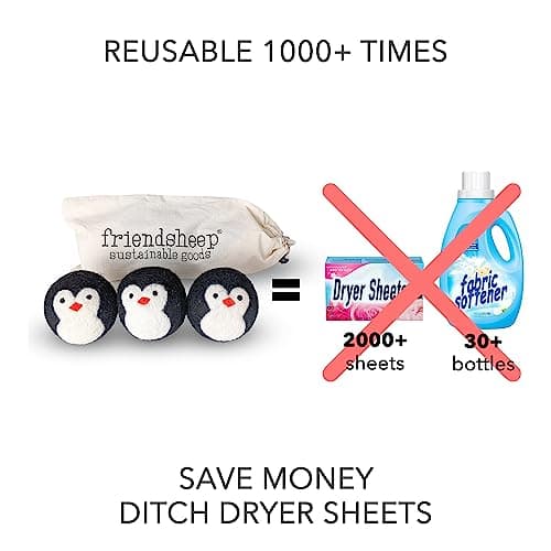 Friendsheep Wool Dryer Balls, Organic Reusable Fabric Softener Alternative for Laundry, Handmade, Fair Trade, Hypoallergenic, Eco-Friendly, Plastic-Free (3 Pack XL – Penguin)