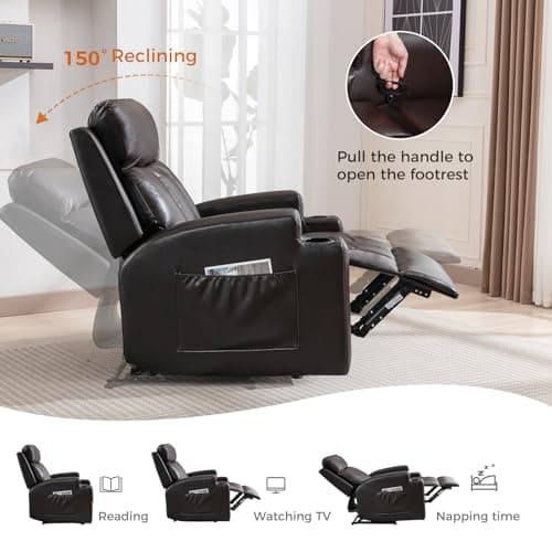 CANMOV Manual Recliner Chair with Massage and Heat,Breathable Leather Recliner Chair with Armrest and Backrest, Manual Reclining Single Sofa with 2 Cup Holders, Side Pocket for Living Room,Dark Brown