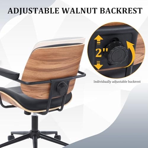 BV BONNE VIE Mid Century Walnut Office Chair with Arms, Adjustable Swivel Desk Chair, Leather Computer Chair with Rolling Wheels for Home Office or Study Room, Black
