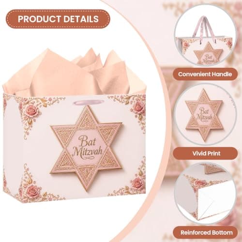 Bat Mitzvah Gift Bag Set Pink Rose Gold Star of David Paper Wrapping Bag with Ribbon Handles Tissue Paper Greeting Card All In One for Jewish Coming of Age Party Favor Celebration Decoration Supplies B0H5QYF944