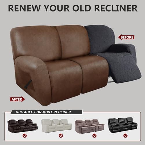 molasofa Recliner Sofa Covers - Leather Like Recliner Sofa 3 Seater Recliner Couch Covers for 3 Cushion Couch 8 Pieces Washable Stretch Reclining Sofa Slipcovers (Brown)