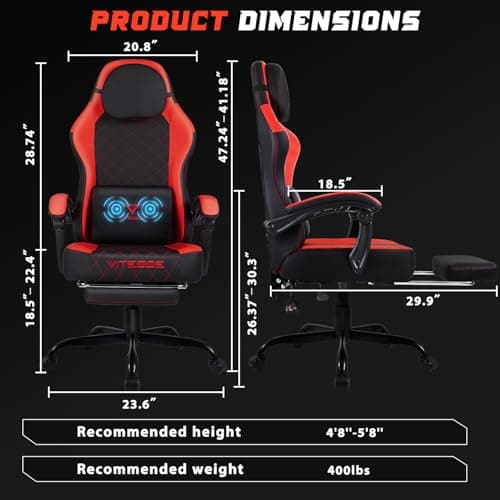 VITESSE Ergonomic Video Gaming Chair for Adults, 400 lbs PC Computer Chair, Racing Office Chair, Silla Gamer Height Adjustable Swivel Chair with Lumbar Vibration Support and Headrest(Red)