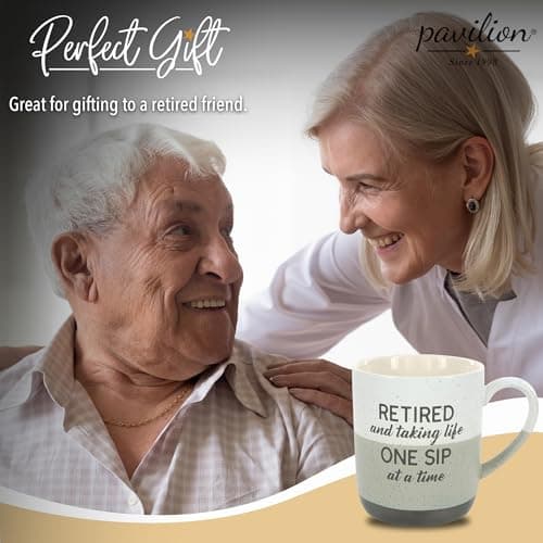 Pavilion Retirement Coffee Mug - "Retired & Taking Life One Sip at a Time" Text Design - Speckled Stoneware Coffee Cup for Retirees, Microwave & Dishwasher Safe, Beige w/ Bronze Metallic Bottom, 15 oz