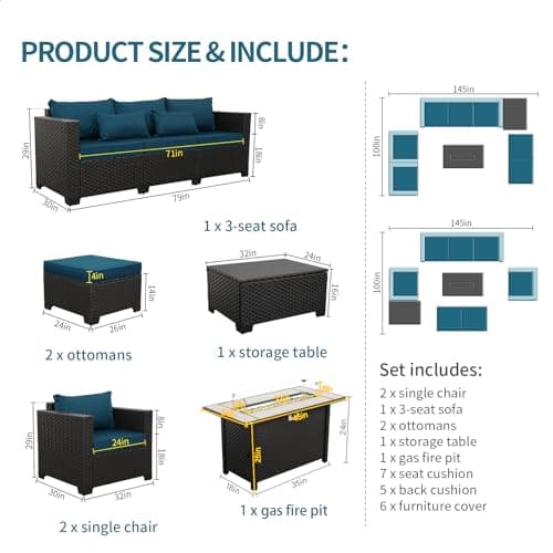 Outdoor Patio Furniture 60000 BTU Outdoor Propane Fire Pit Table Patio Furniture Set 45 In Outdoor Fire Pits 7 Pieces Patio Sofa Outdoor Chairs Anti-slip Cushions Waterproof Covers, Peacock Blue