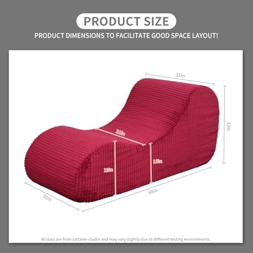 Rattaner Corduroy Chaise Lounge Chair Couch Indoor Boneless Oversized High-Density Sponge Soft Sofa, Red