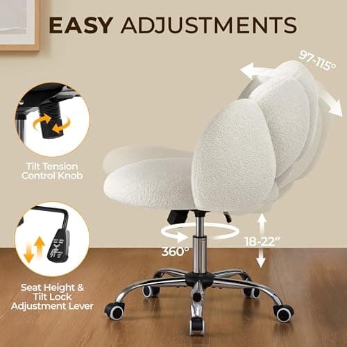 Yaheetech Boucle Upholstered Desk Chair Cloud-Shaped Vanity Chair Adjustable Home Office Computer with Rolling Wheels for Living Room, Bedroom White