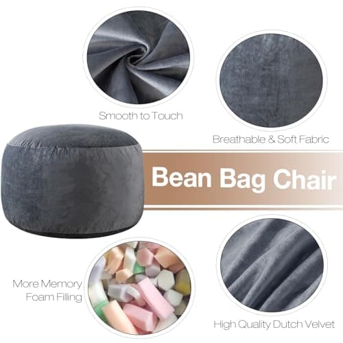 SHOUREN 3 Ft Bean Bag Chair,Memory Foam Bean Bag Chairs for Adults,Bean Bag Sofa for Living Room,Beanbag with Filler Included,Soft Velvet Fabric,Pull-Handle - 3 Foot,Dark Grey