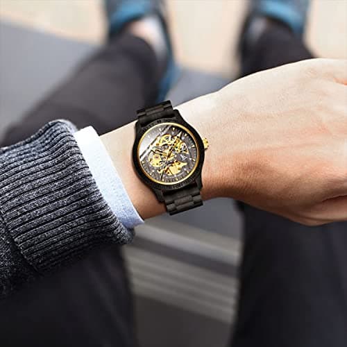 IK COLOURING Men's Watches Luxury Mechanical Wooden Case Skeleton Lumious Automatic Self-Winding Lightweight Genuine Leather Bracelet/Wood Band Wrist Watch