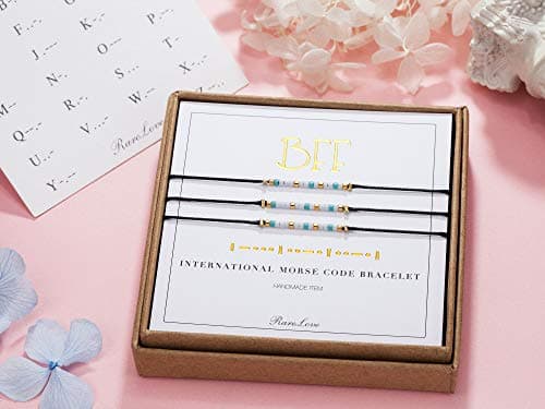 RareLove 3 Pieces BFF Friendship Morse Code Bracelet Birthday Best Friends Gift For 3 Women Blue White Tiny Pony Seed Beads Black String Bracelets