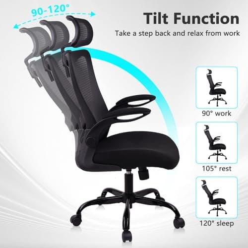 CLATINA Heavy Duty Ergonomic Mesh Office Chair 400LBS, Big and Tall Desk Chair with Adjustable Lumbar Support & Headrest, Flip Up Padded Arms, Swivel Computer Chair for Home, Study, Conference, Black
