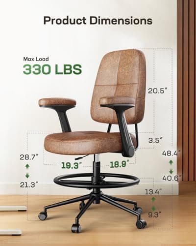 Marsail Drafting Chair with Flip-Up Armrests and Footrest, Ergonomic Tall Office Chair, Height Adjustable High Chair, Brown Leather Seat with Thick Cushion, 360° Swivel, for Standing Desk, Home Office