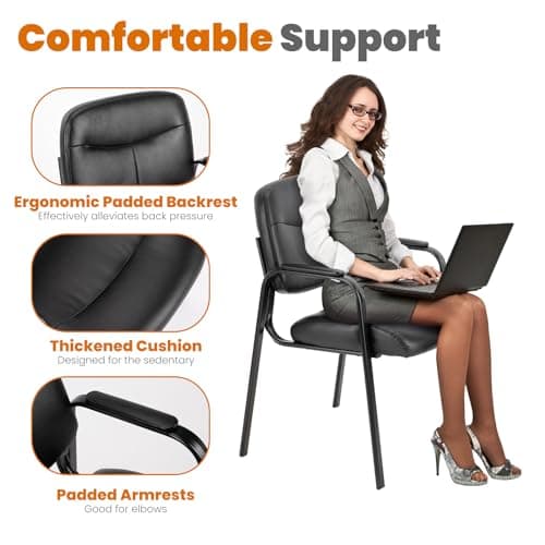 Sweetcrispy Office Reception Guest Chair No Wheels Set of 2, Leather Stationary Waiting Room Chairs with Padded Arms for Elderly Desk Conference Room Lobby Table Side Salon, Inky