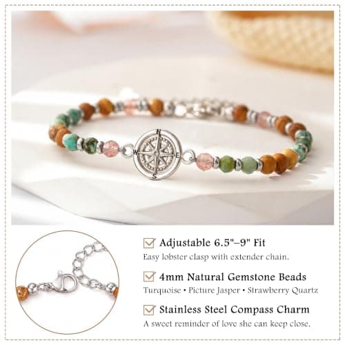 6.5-9 Inch Adjustable Bracelet with Message Card, Farewell Goodbye Going Away Graduation Gift for Friend Coworkers Familys Compass Bracelet for Women, Retirement You Will Be Missed Travel Gifts B0FS17C1MP