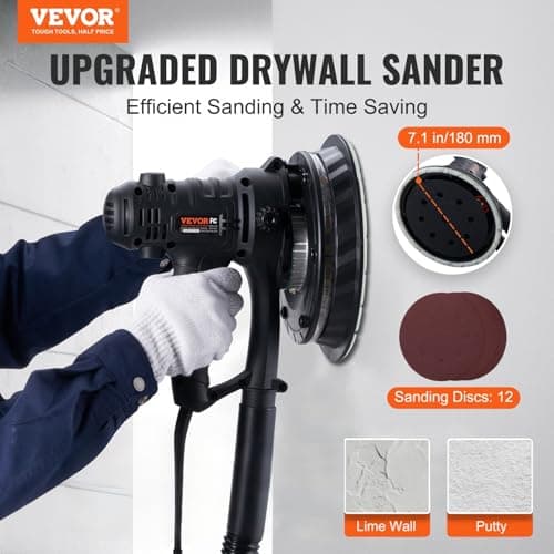 VEVOR Drywall Sander, 800W Electric Sander with 12 Sanding Discs, Variable Speed 1200-2300 RPM Wall Sander with Automatic Vacuum Dust Collection System, Double LED Lights, Dust Bag, Detachable Edge