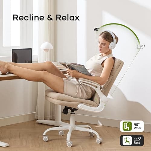 amseatec Office Chair Adjustable Desk Chair Mid Back Executive Comfortable Fabric Ergonomic Back Support Home Computer Chair with Padded Flip-up Armrest Swivel Wheels (Beige)