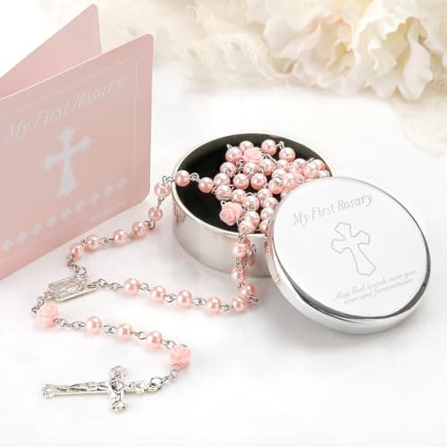 Baptism Gifts for Girl - My First Rosary with Silver-Plated Keepsake Box, Catholic Christening Gift Set, Pink Rosary for Kids, Baptism, First Communion & Baby Dedication Gifts for Girls from Godparent