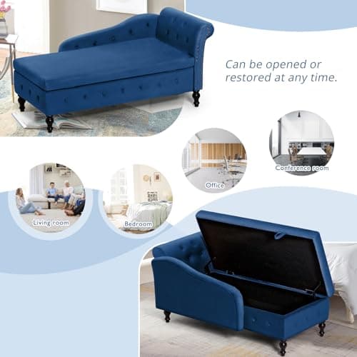 Upholstered Chaise Lounge with Right Armrest & Lumbar Pillow,Button Tufted Lounge Sofa with Storage,Lounge Chair Indoor,Modern Velvet Lounge Chair for Bedroom, Living Room and Office,Blue
