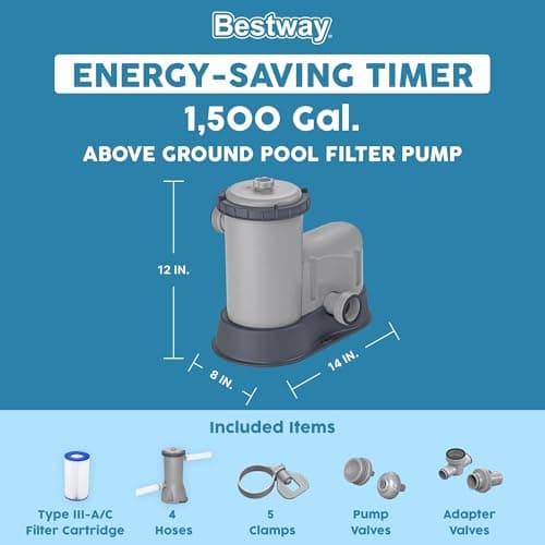 Bestway 1,500 GPH Filter Pump for Above Ground Swimming Pool with Type III A/C Cartridge, Adapter Accessories and Timer
