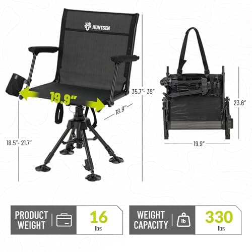 HUNTSEN 360° Silent Swivel Hunting Chair for Blinds - Stable Portable Ground Blind Chair Adjustable 4 Legs & Seat Height Folding Outdoor Fishing Seat with Anti-Sink Feet Armrest - Supports 330lbs