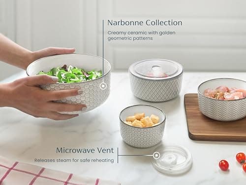 Narbonne Collection, Stackable, For Prep & Serving, 10/17/29/47 oz, Leak-Proof Lids, Steam Vent, Microwave & Dishwasher Safe KooK Ceramic Nesting Bowls with Lids, Embossed Stoneware, Set of 4, Ivory B0BJS6M86W