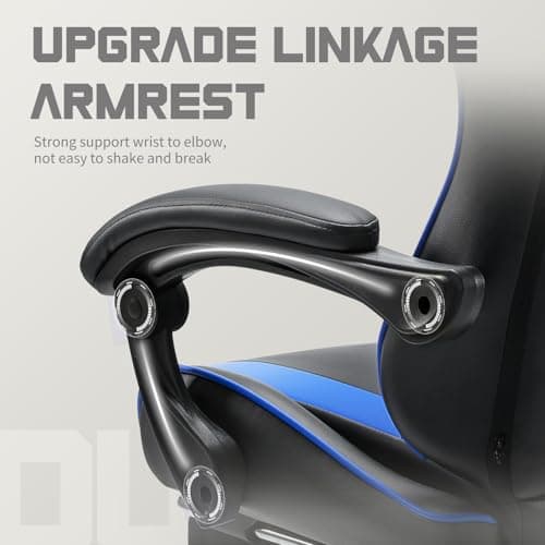 DUMOS Ergonomic Gaming Office Desk Chair with Linkage Armrests for Adults, Height Adjustable Computer Chair with Footrest and Headrest, PU Leather 360° Swivel Recliner with Lumbar Support, Deep Blue