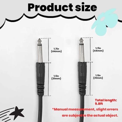 10 ft 6.35mm Guitar Cable - Straight to Straight Instrument Cable, Black Electric Guitar Cord for Electronic Drum, Musical Instrument, Speaker