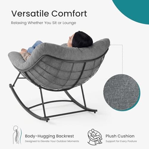OLIXIS Outdoor Rocking Chair with 5.5" Thick Cushion, Oversized Egg Lounge Chair with Water-Repellent & UV-Resistant Fabric, 450 Lbs Heavy Duty for Patio, Living Room, Garden, Bedroom, Gray