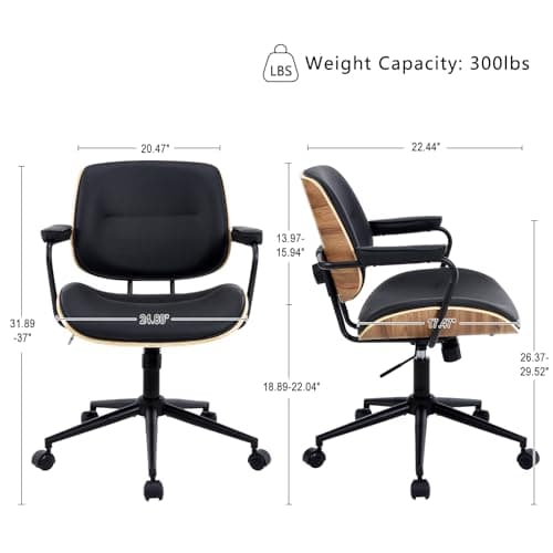 BV BONNE VIE Mid Century Walnut Office Chair with Arms, Adjustable Swivel Desk Chair, Leather Computer Chair with Rolling Wheels for Home Office or Study Room, Black