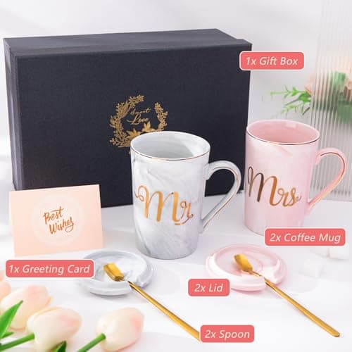 Gifts for Anniversary Bride and Groom, 14oz Ceramic Mr and Mrs Mug Set with Real Gold Foil, Greeting Card, Gift Box Biching Wedding Gifts for Couples 2026, Bridal Shower Engagement Gift B0CF3SG6DX