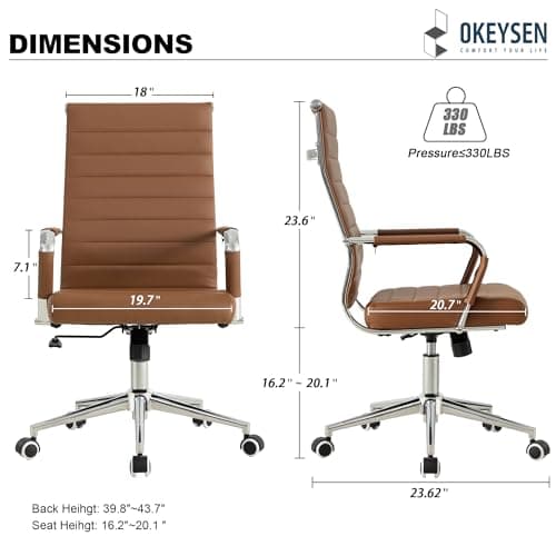 Okeysen Office Desk Chair, Ergonomic Leather Modern Conference Room Chairs, Executive Ribbed Height Adjustable Swivel Rolling Chair for Home Office. (Brown)