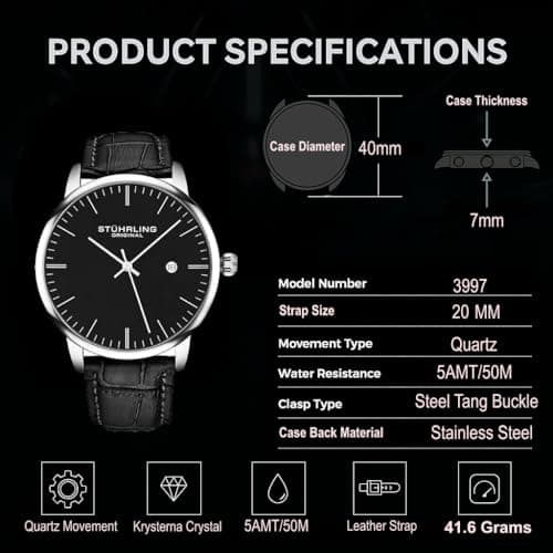 Stuhrling Original Men’s 40 mm Ultra-Slim Black Dial Dress Watch with Calfskin Leather Strap, Date Display – Minimalist Analog Wristwatch