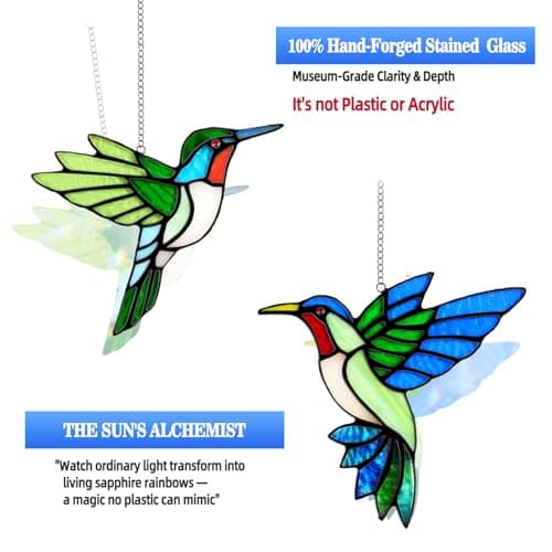 Handmade Copper Foil Art,Birthday Anniversary Gift For Mom Grandma Wife Mother In Law,Bird Lovers Sun Catcher Decor,6 Inch 2 Pcs Hummingbird Stained Glass Window Hanging Suncatchers,Gifts for Women B0FBM1D77B
