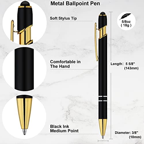 LINFANC 12 Pack Black Gold Ballpoint Pen with Stylus Tip, 1.0 mm Black Ink Smooth Writing Pens, Metal Stylus Pens for Touch Screens