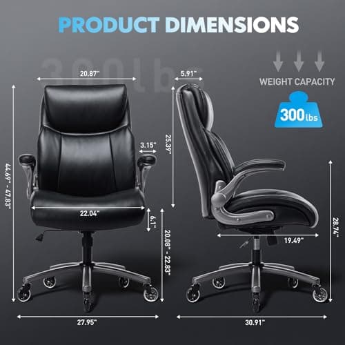 MALOL 300lbs Ergonomic PU Leather Office Chairs, High-Back y Home Computer Executive Chair with Lumbar Support and Flip-Up Arms, Black
