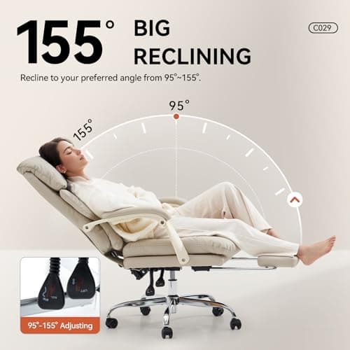 EMIAH Office Chair with Foot Rest, Ergonomic Executive Office Chair with Arms, Reclining High Back PU Leather Comfy Swivel Computer Desk Chairs with Wheels and Lumbar Support for Home Office, Beige