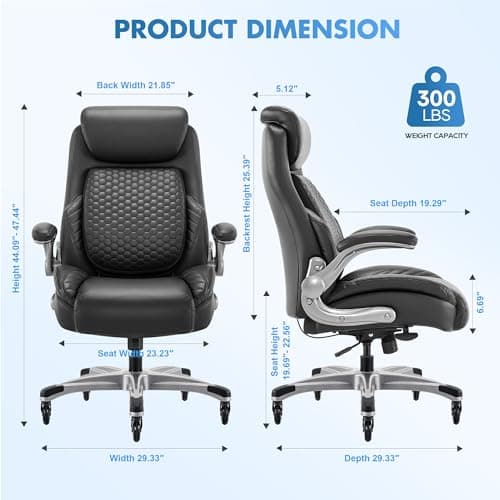 COLAMY Office Ergonomic Desk High Back Executive Chair with Pop-Out Lumbar Support, Upgraded Casters, Adjustable Headrest, Flip-Up Arms, Leather Home with Thick Cushion for Comfort - Black