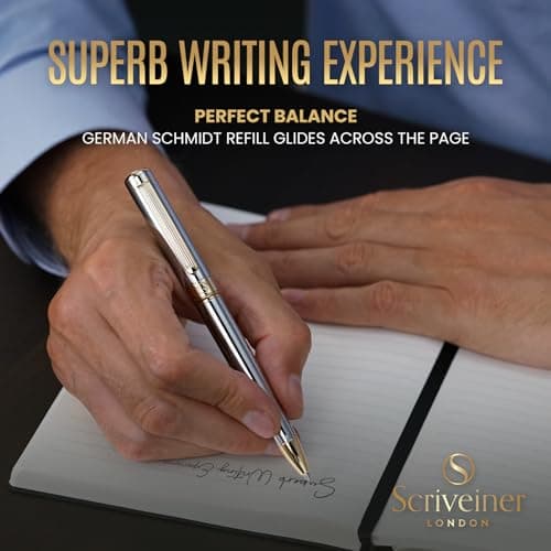 Scriveiner Silver Chrome Ballpoint Pen - Stunning Luxury Pen, Real Gold Plating, Schmidt Black Refill, Best Ball Pen Gift Set for Men & Women, Professional, Executive, Office, Nice, Fancy Pens