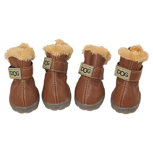Winter Dog Boots & Paw Protectors: Outdoor Anti-Slip Dog Snow Shoes, Dog Booties Provide Warmth to Dogs Paws from Ice and Snow, Rubber Sole PU Leather Faux Fleece-Lined, Light Brown Dog Shoes Size 8