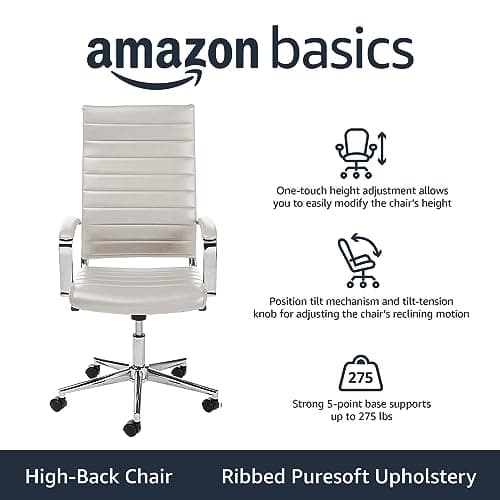 Amazon Basics High-Back Swivel Office Chair with Lumbar Support, Ergonomic Ribbed Faux Leather, Modern Style, 45.25" x 24.75" x 23.25", Stunning White