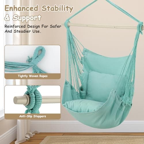 Athena Collection Hammock Chair Hanging Rope Swing Chair with 2 Cushions, Max 350 Lbs, Hanging Macrame Chair with Anti-Slip Grooves Spreader Bar and Pocket for Outdoor Indoor Patio Yard, Green